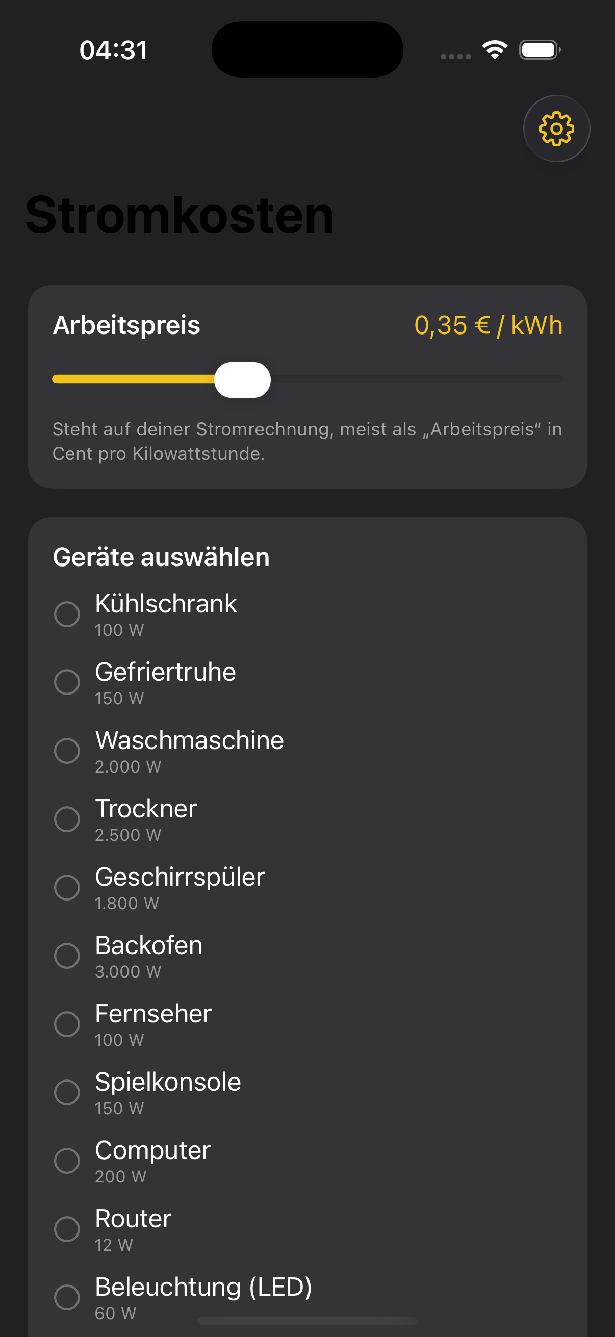 Stromkosten-Rechner Screenshot